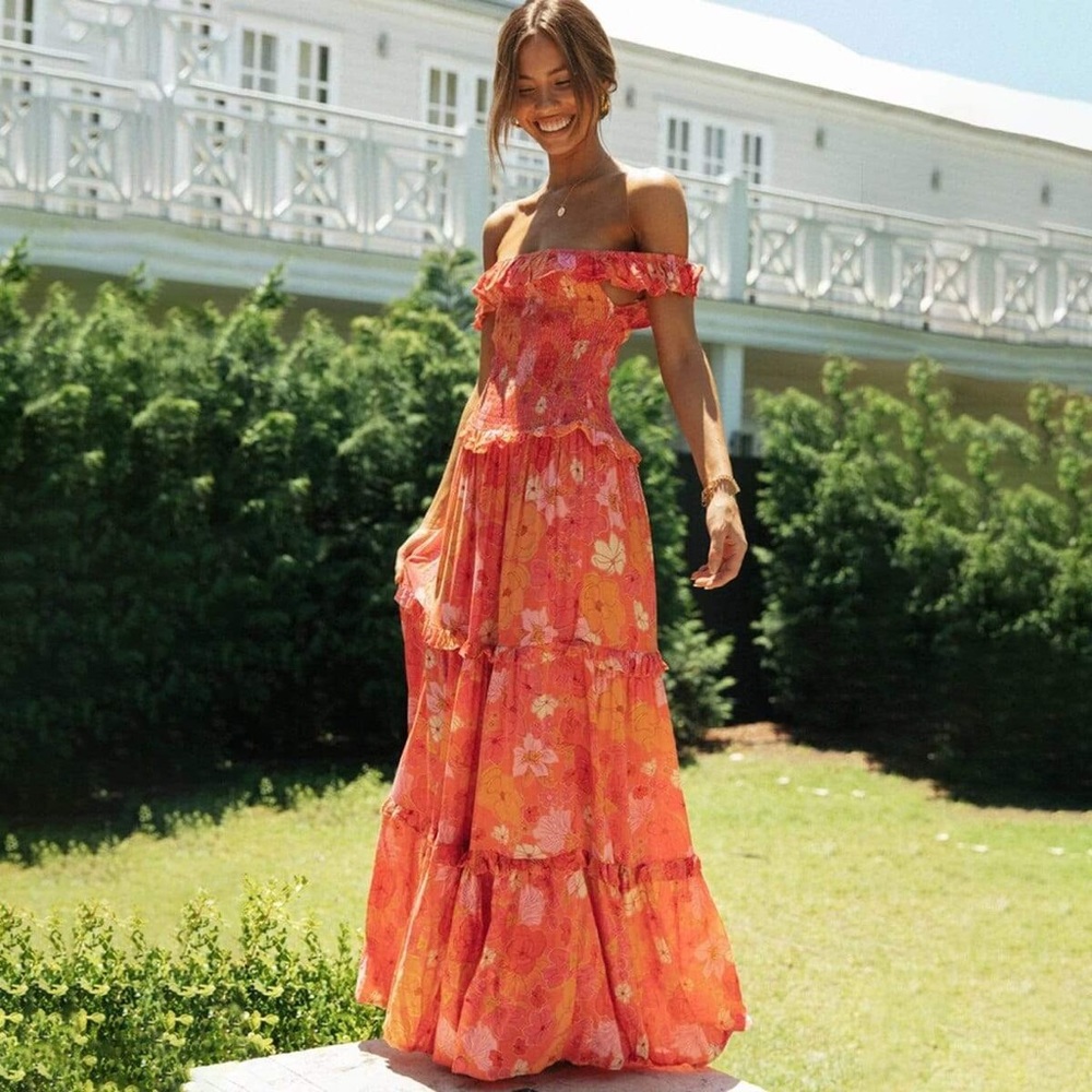 Summer Orange Boho Dress With Floral Print and ruffle off the shoulder sleeves